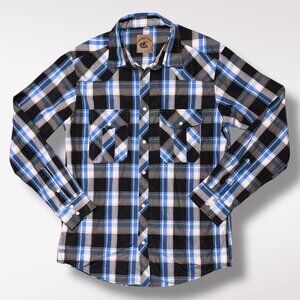 Coevals Club Men’s Western Snap Plaid Shirt Blue Black Size Large